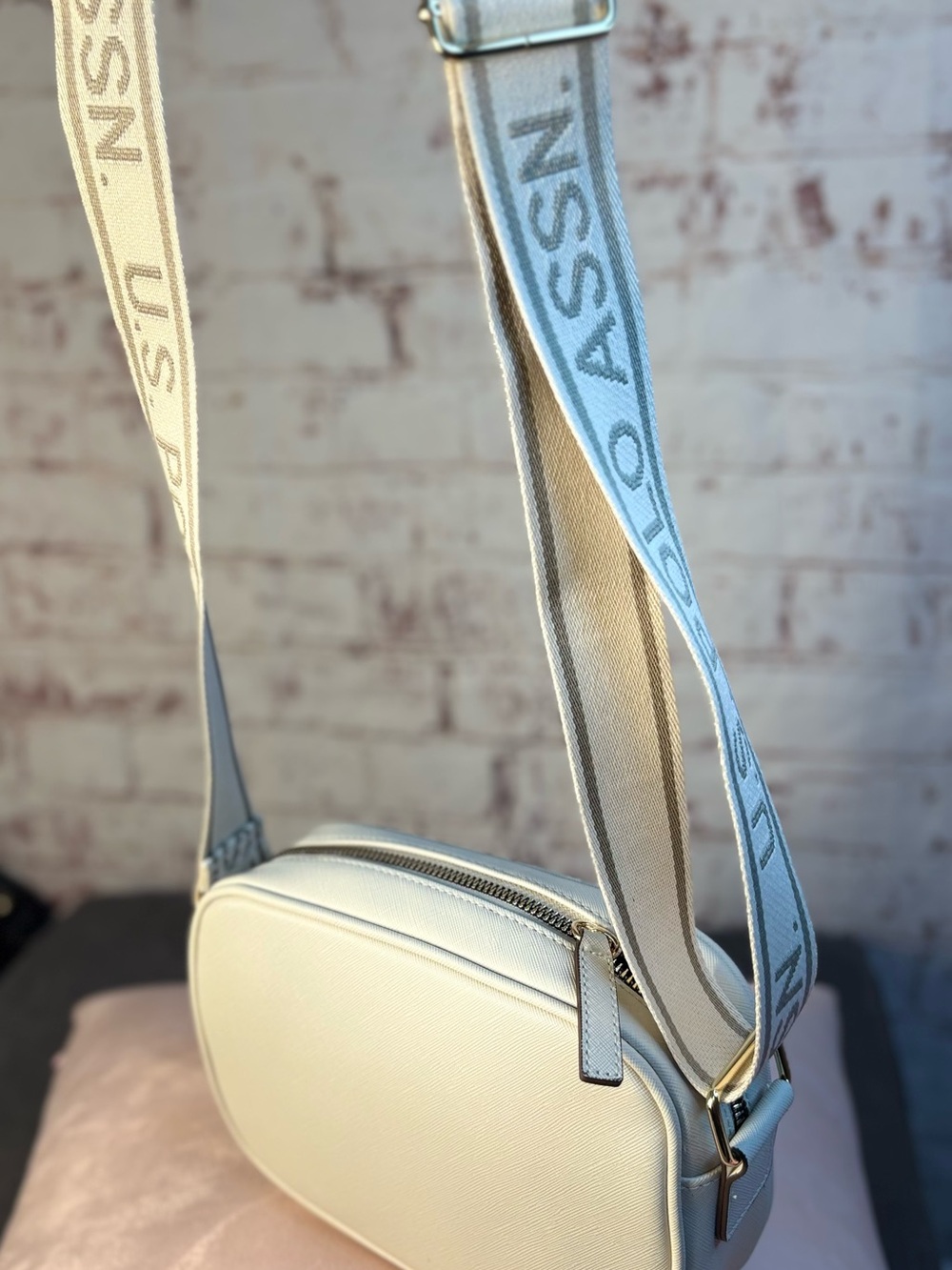 U.S. Polo Assn. Cream Saffiano Crossbody Bag with Wide Strap - Picture 8 of 16